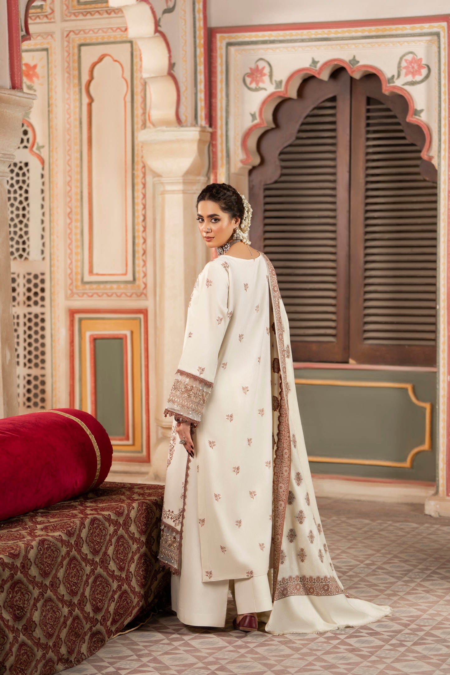 Rich jacquard wool shawl paired with delicate embroidered Dhanak shirt and plain trousers.