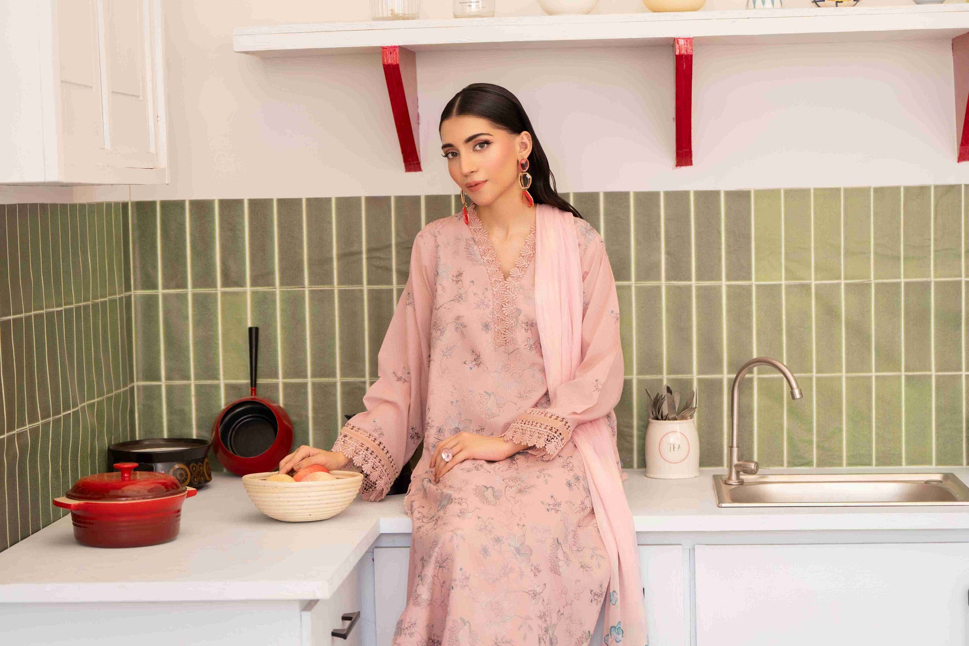 Elegant three-piece ensemble with embroidered lawn shirt, chiffon dupatta, and cotton trouser