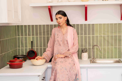 Elegant three-piece ensemble with embroidered lawn shirt, chiffon dupatta, and cotton trouser