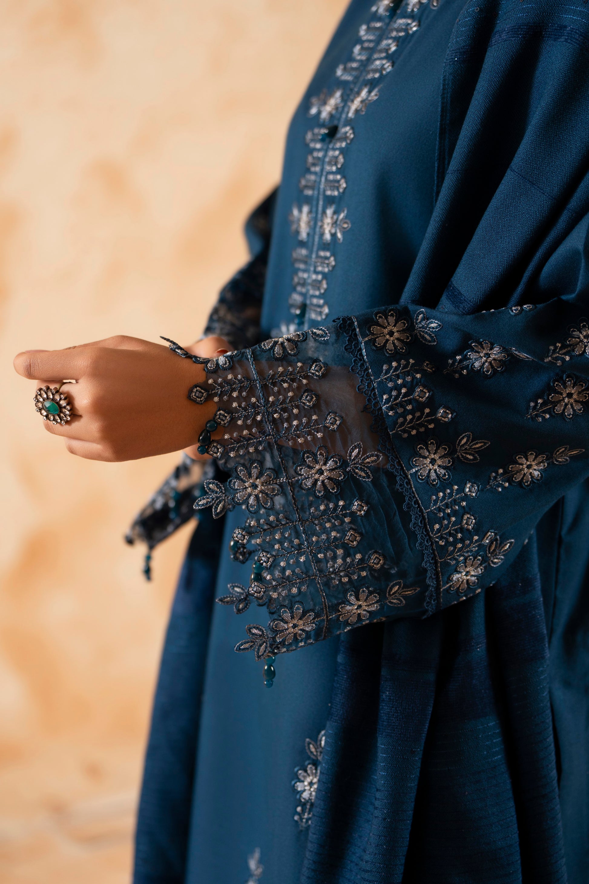 Classy Winter Wear Dhanak; 3-PC woolen suit with plain trouser, embroidered shirt, and fancy shawl for women