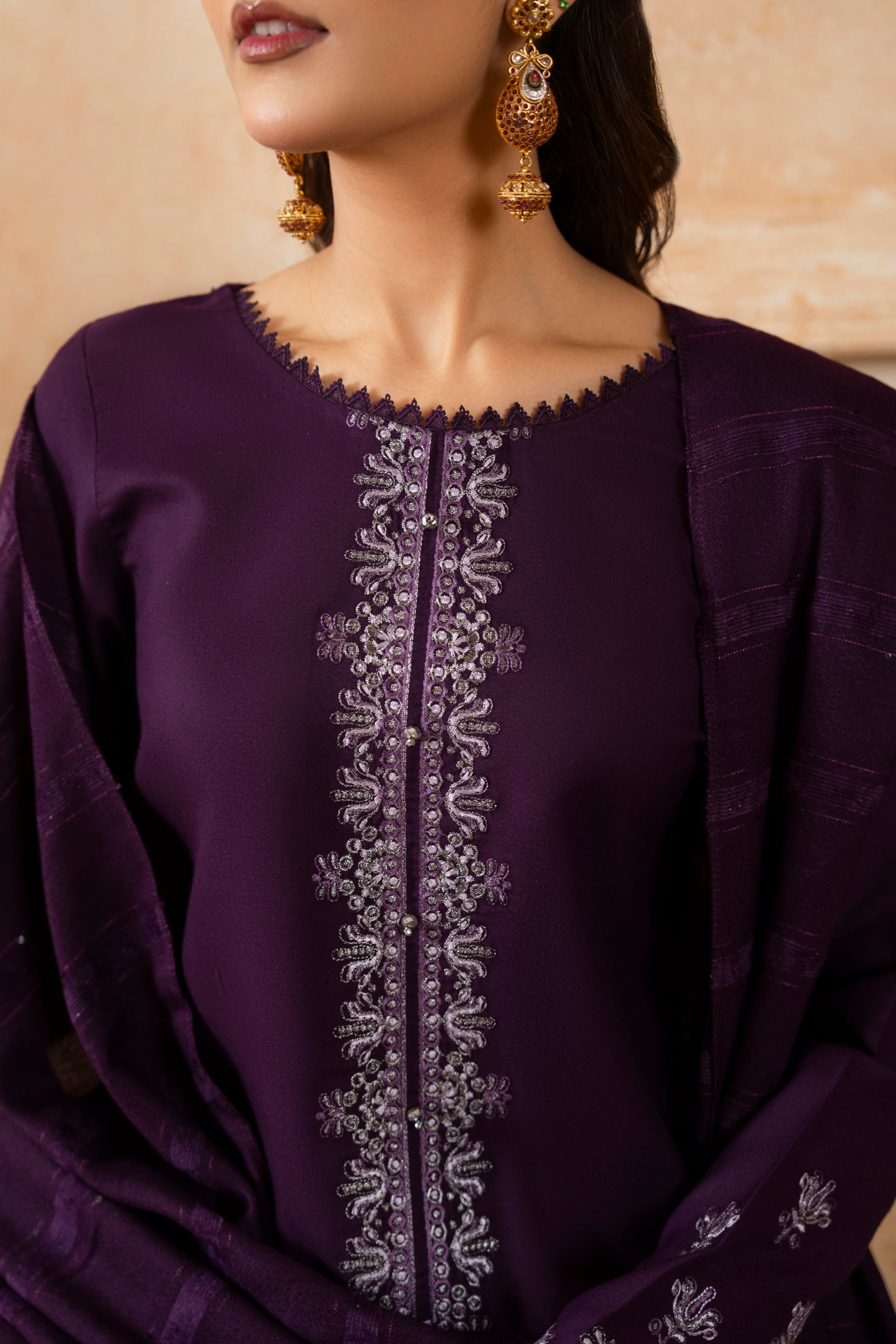 Classy Woolen Dhanak Set; 3-PC suit with a plain trouser balancing the beautifully embroidered woolen shirt