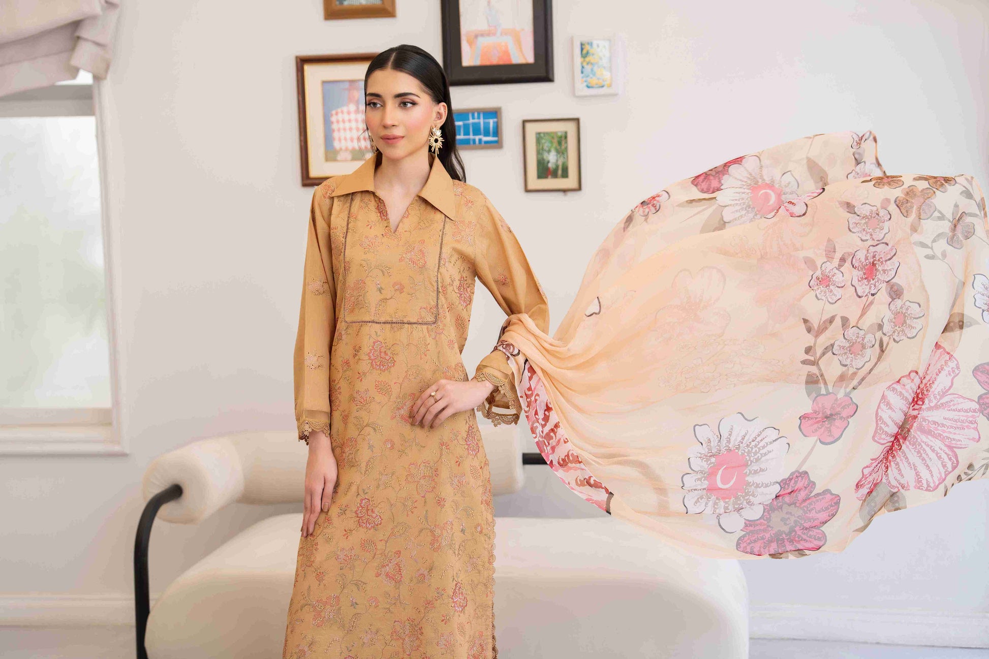 Elegant embroidered lawn shirt with chiffon dupatta and cotton trouser fabric for eastern wear