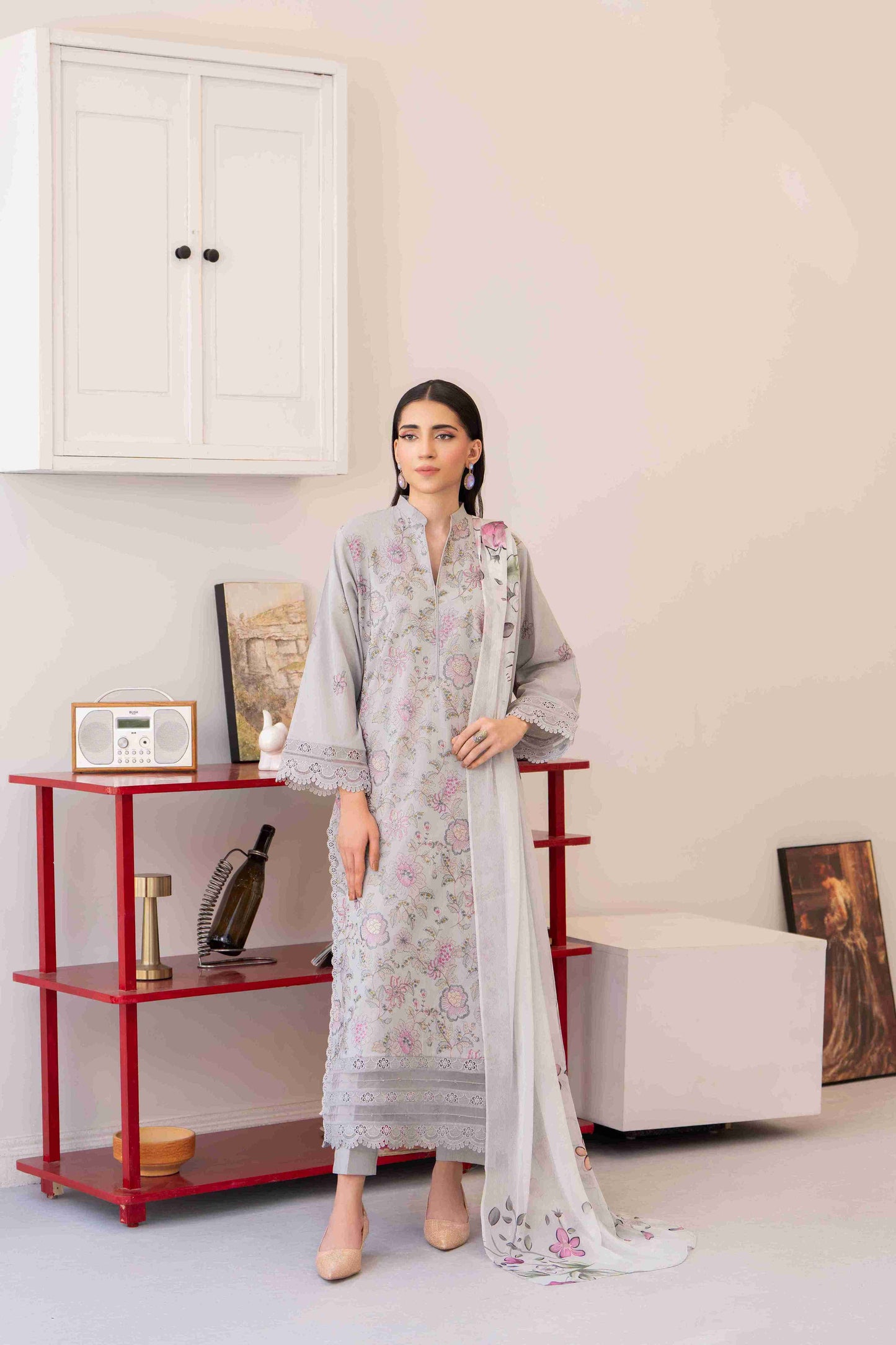  Premium embroidered lawn suit with chiffon dupatta and cotton trouser for women dresses