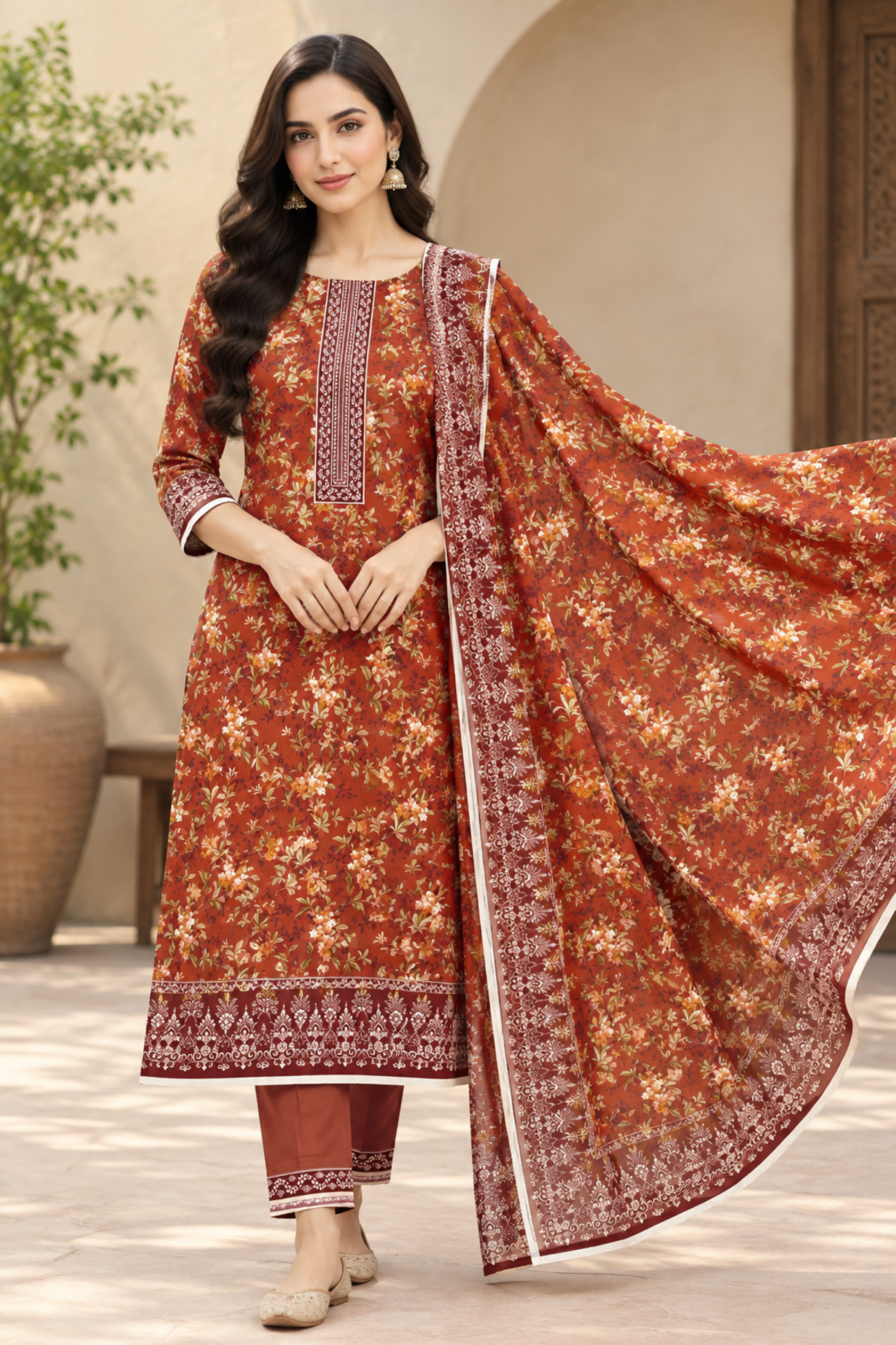 Comfortable printed linen suit featuring a floral pattern and elegant border detailing