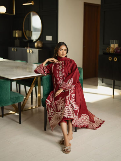 Cotton lawn outfit with embroidered shirt, patchwork, motifs, and dupatta