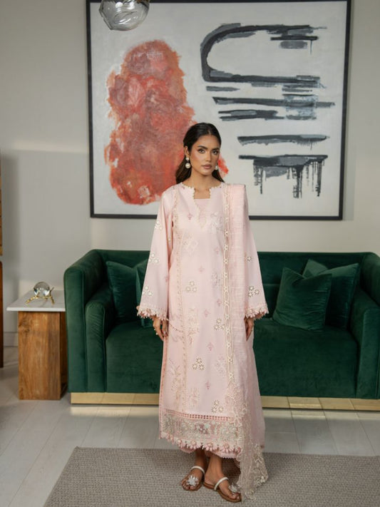 Cream color embroidered lawn shirt with cotton dupatta and plain dyed trouser for summer