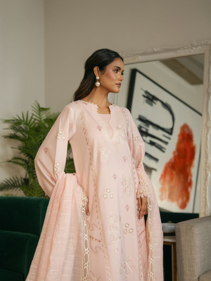 Cream color stitched lawn outfit with plain modern trouser, motifs, and embroidered dupatta