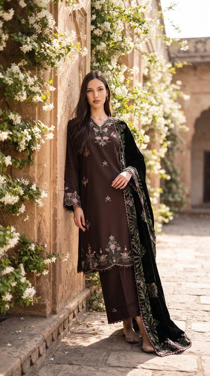 3PC Embroidered Dhanak Suit | DC - 01