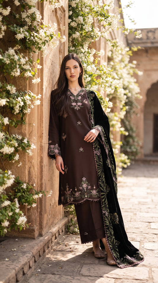 3PC Embroidered Dhanak Suit | DC - 01