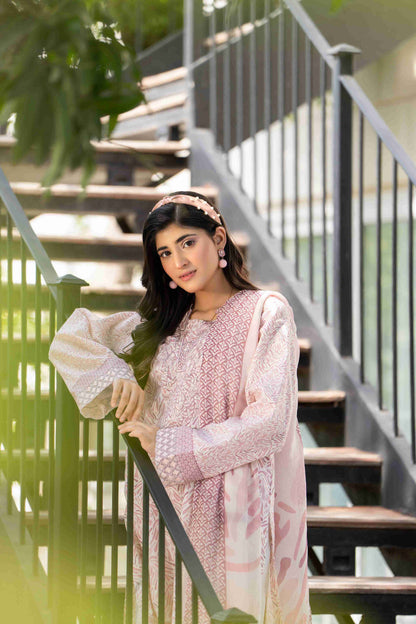 Designer Pakistani women’s dress in soft pastel pink with intricate embroidery and dupatta, outfit for festive and formal occasions