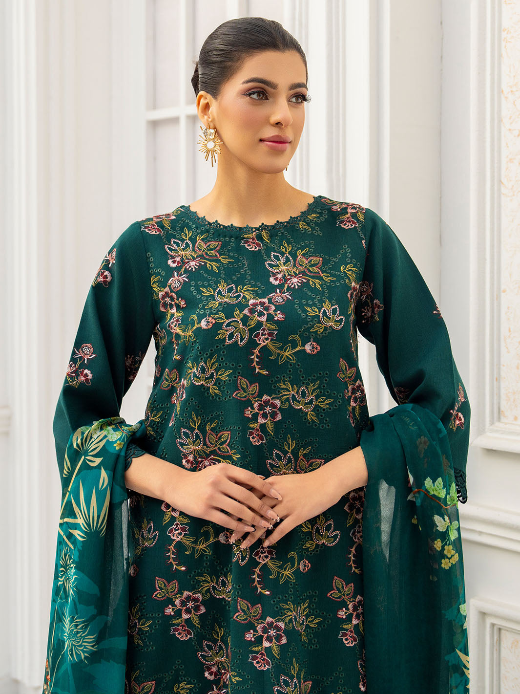 Designer embroidered shirt, chiffon printed dupatta, karandi trouser fabric