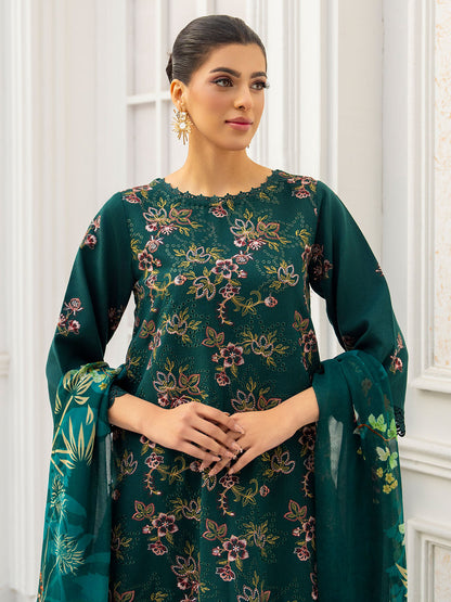 Designer embroidered shirt, chiffon printed dupatta, karandi trouser fabric