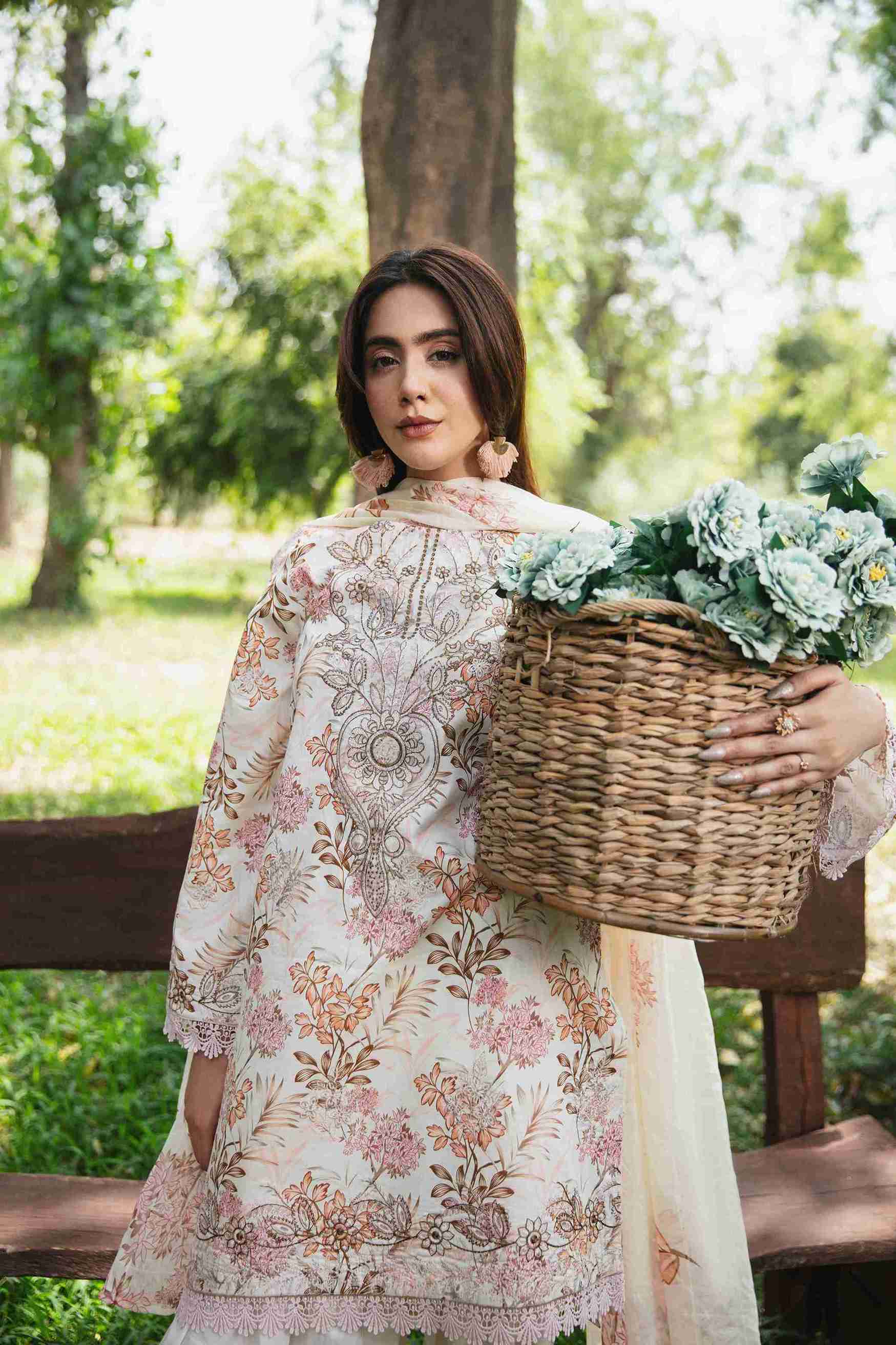  Embroidered lawn dress with chiffon dupatta and cotton plain trouser.