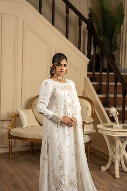 Elegant casual wear 3-piece suit in karandi fabric with embroidery work