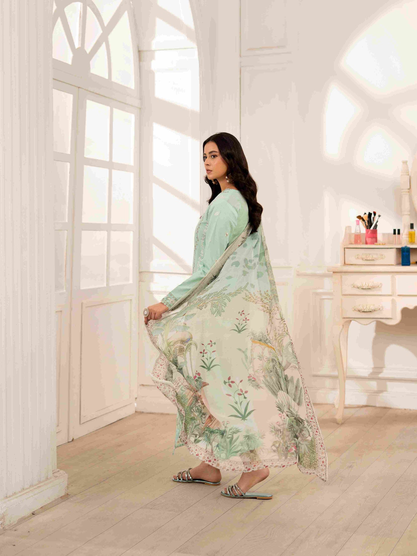 Designer embroidered lawn shirt paired with soft cotton trouser and chiffon dupatta