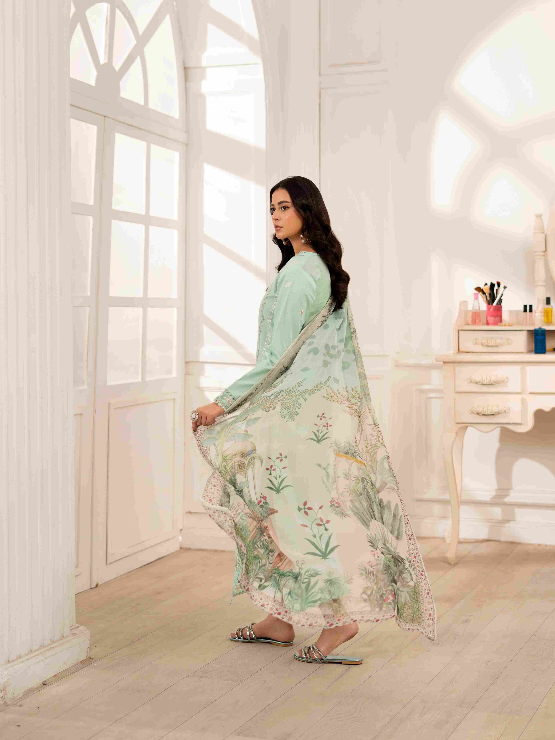 Designer embroidered lawn shirt paired with soft cotton trouser and chiffon dupatta