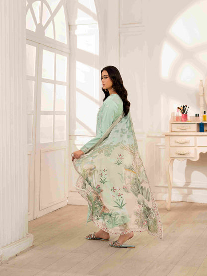 Designer embroidered lawn shirt paired with soft cotton trouser and chiffon dupatta