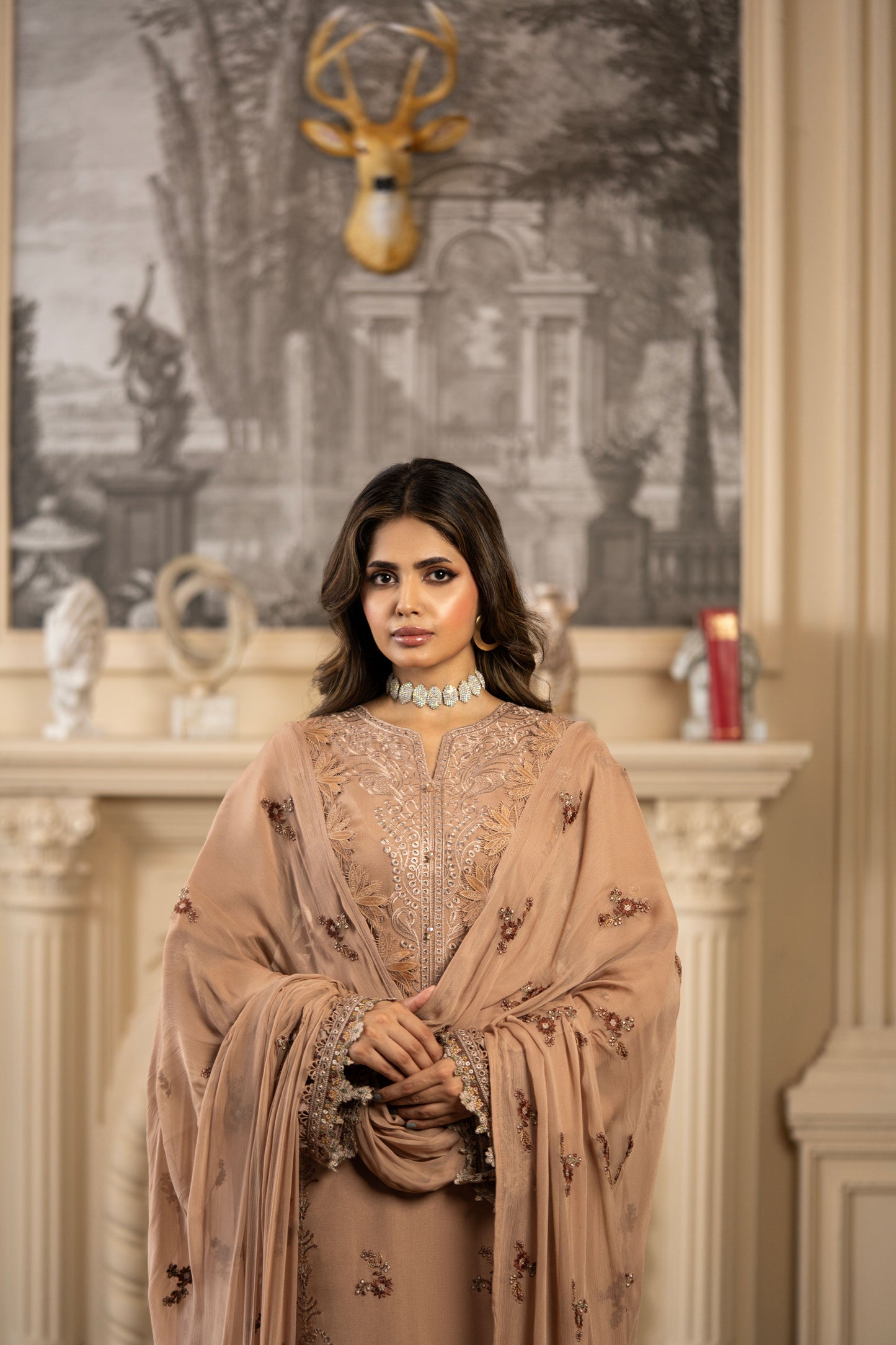 Elegant Pakistani outfit with embroidery and dupatta
