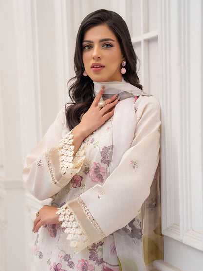 Designer embroidered shirt, chiffon printed dupatta, and karandi trouser fabric