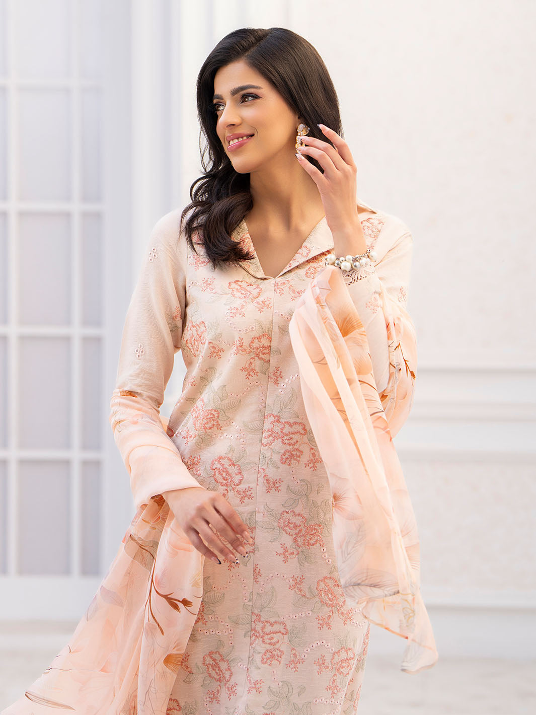 Designer embroidered lawn shirt with chiffon printed dupatta and plain trouser