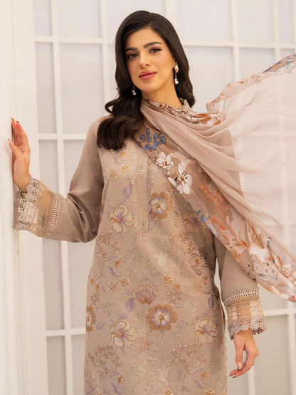  Designer embroidered shirt with chiffon printed dupatta and karandi trouser suit