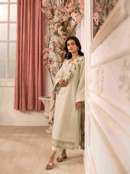 Designer embroidered lawn suit featuring chiffon printed dupatta and trouser