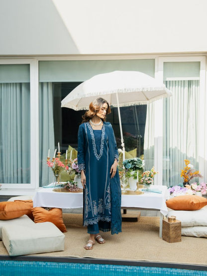 Embroidered outfit with motifs, plain trouser, patch, and cotton dupatta