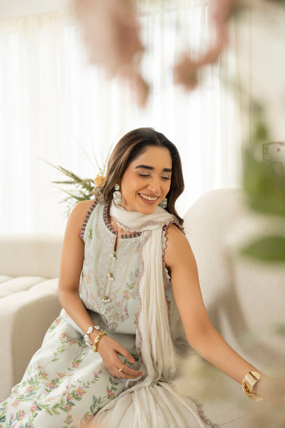 Printed viscose shirt with intricate embroidery and chiffon dupatta