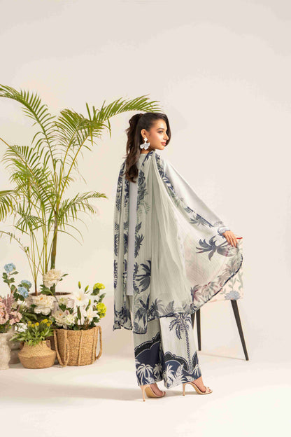 Designer embroidered lawn shirt styled with chiffon dupatta and soft cotton trouser.