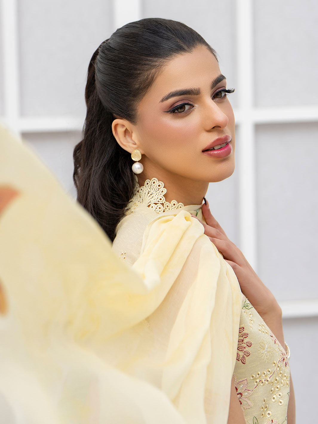  Designer embroidered lawn shirt with chiffon dupatta and plain karandi trouser