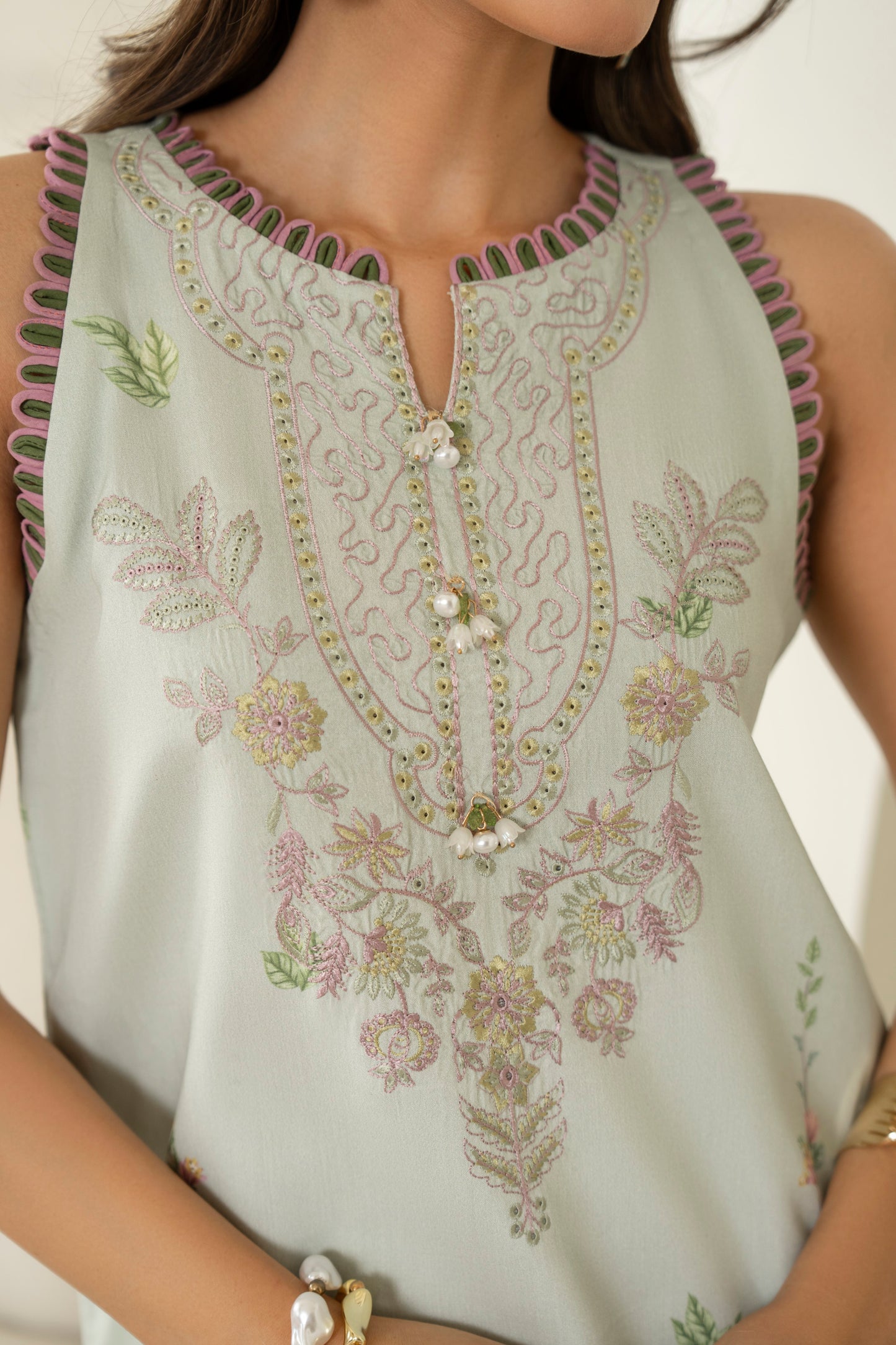 Fashionable embroidered viscose dress paired with chiffon dupatta for winter