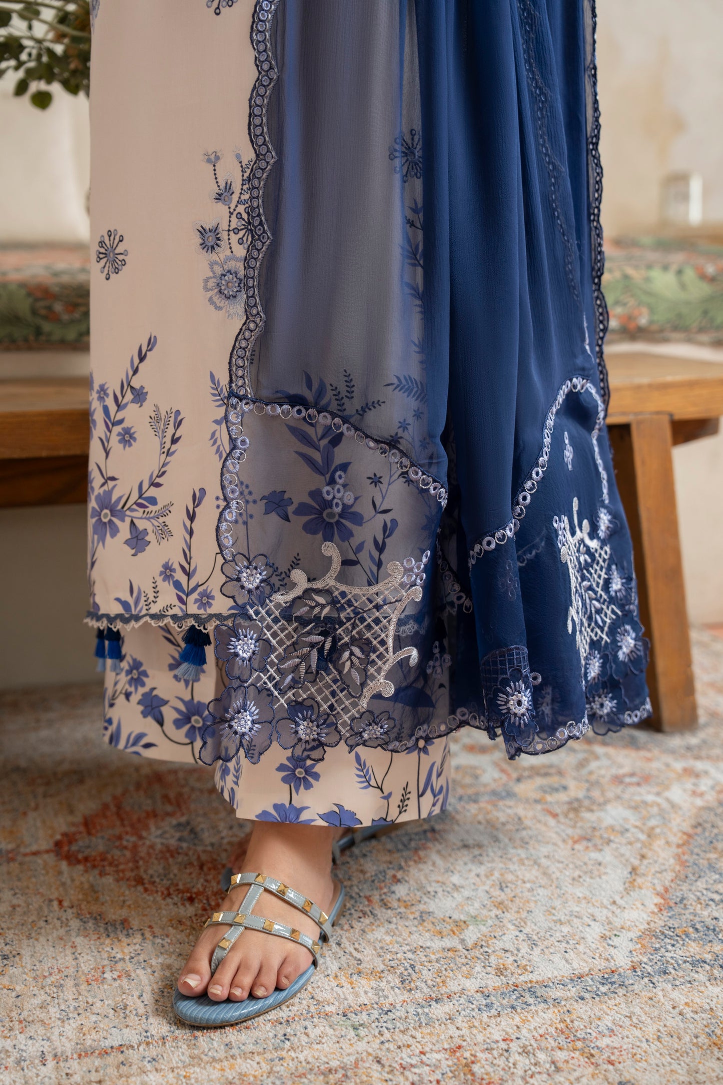 Premium embroidered viscose shirt with printed trouser and chiffon dupatta