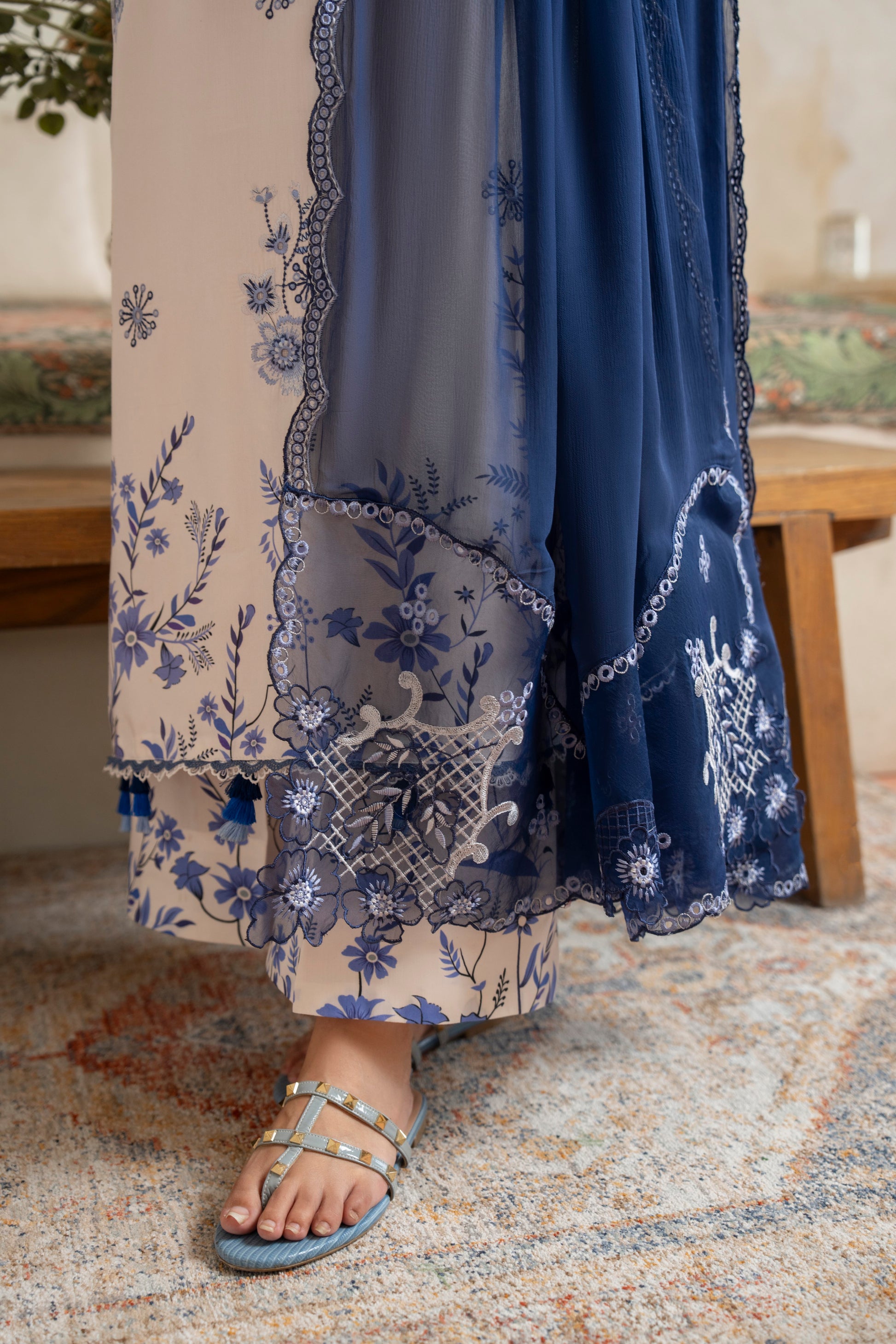 Premium embroidered viscose shirt with printed trouser and chiffon dupatta