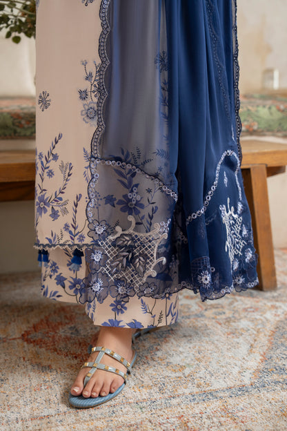 Premium embroidered viscose shirt with printed trouser and chiffon dupatta