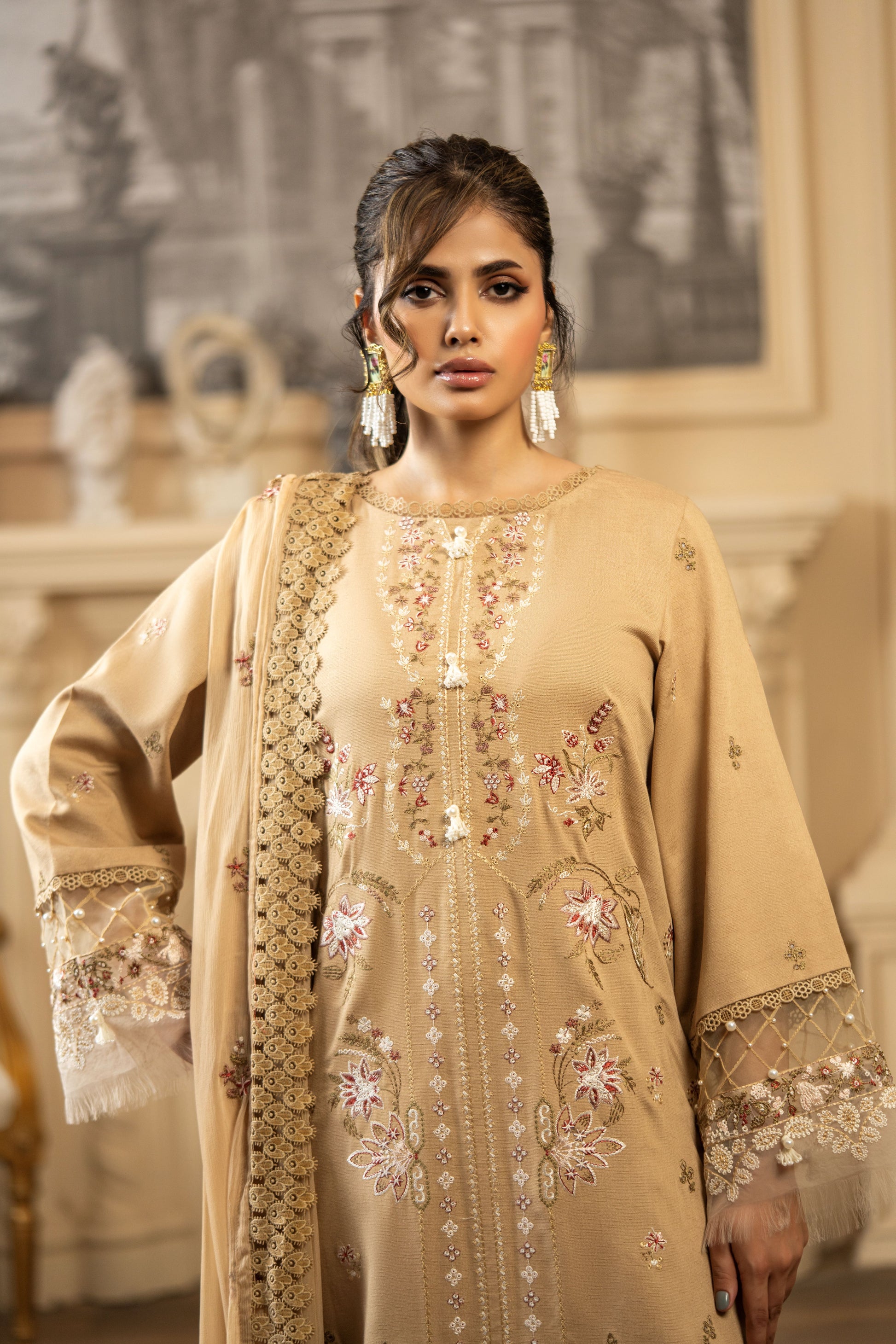 Unstitched 3PC dress with embroidery for festive and wedding functions