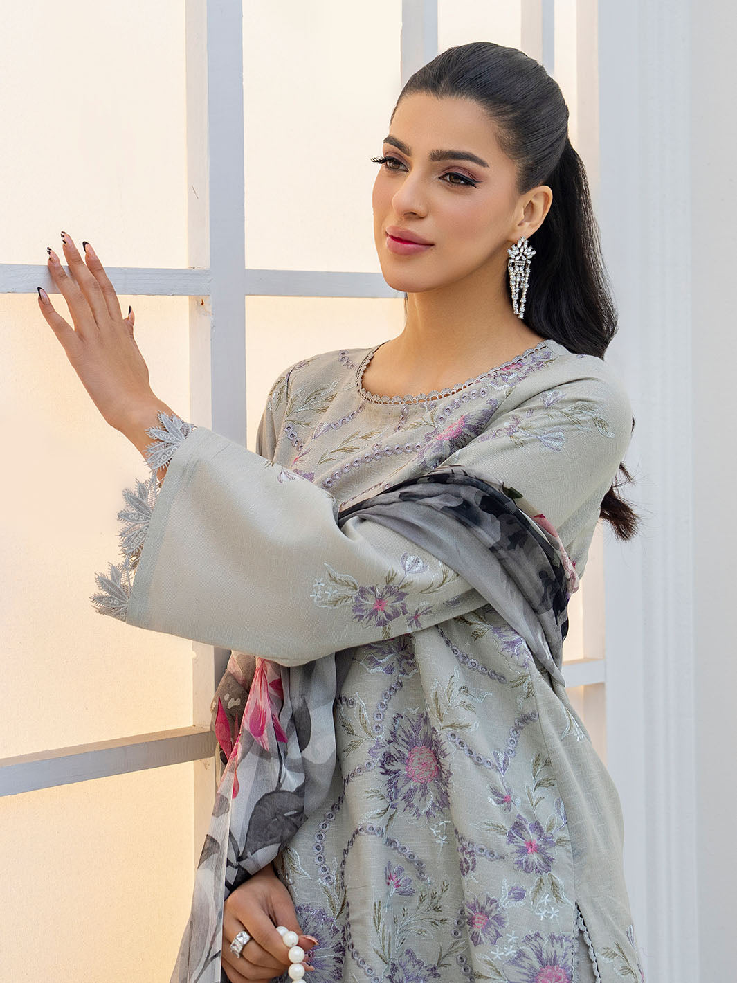Designer embroidered shirt with chiffon printed dupatta and karandi trouser suit