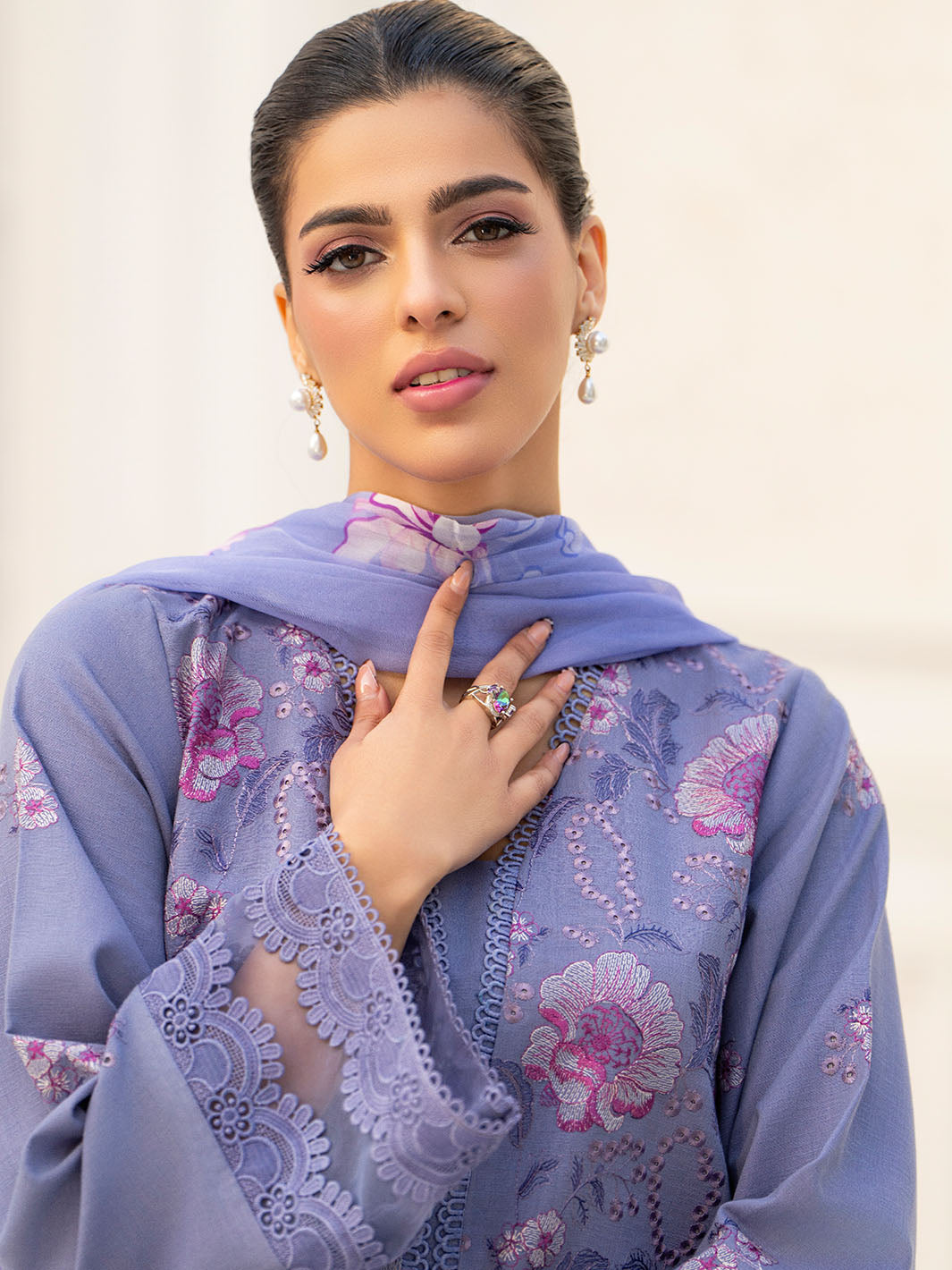  Designer embroidered shirt with chiffon dupatta and plain karandi trouser suit