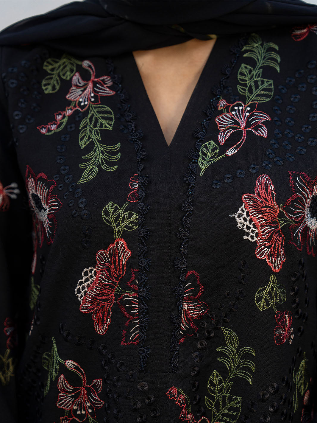 Designer embroidered lawn shirt, chiffon printed dupatta, karandi trouser fabric