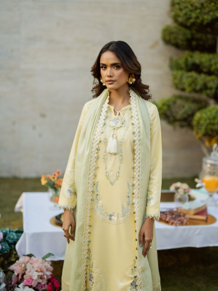  Designer yellow lawn outfit with embroidered shirt and elegant organza patch details