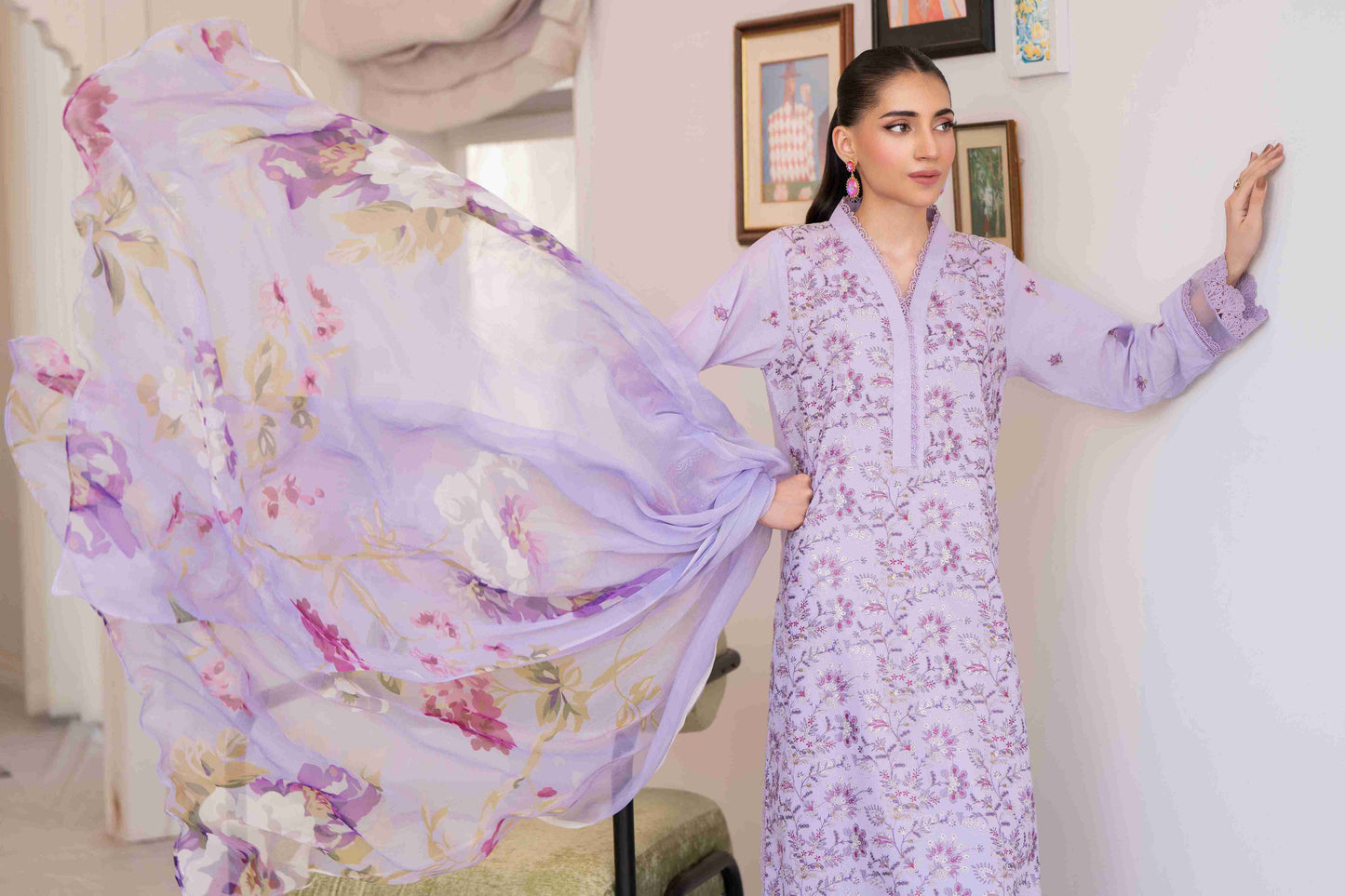  Premium embroidered lawn suit unstitched with chiffon dupatta and plain cotton trouser