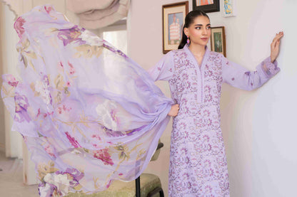  Premium embroidered lawn suit unstitched with chiffon dupatta and plain cotton trouser