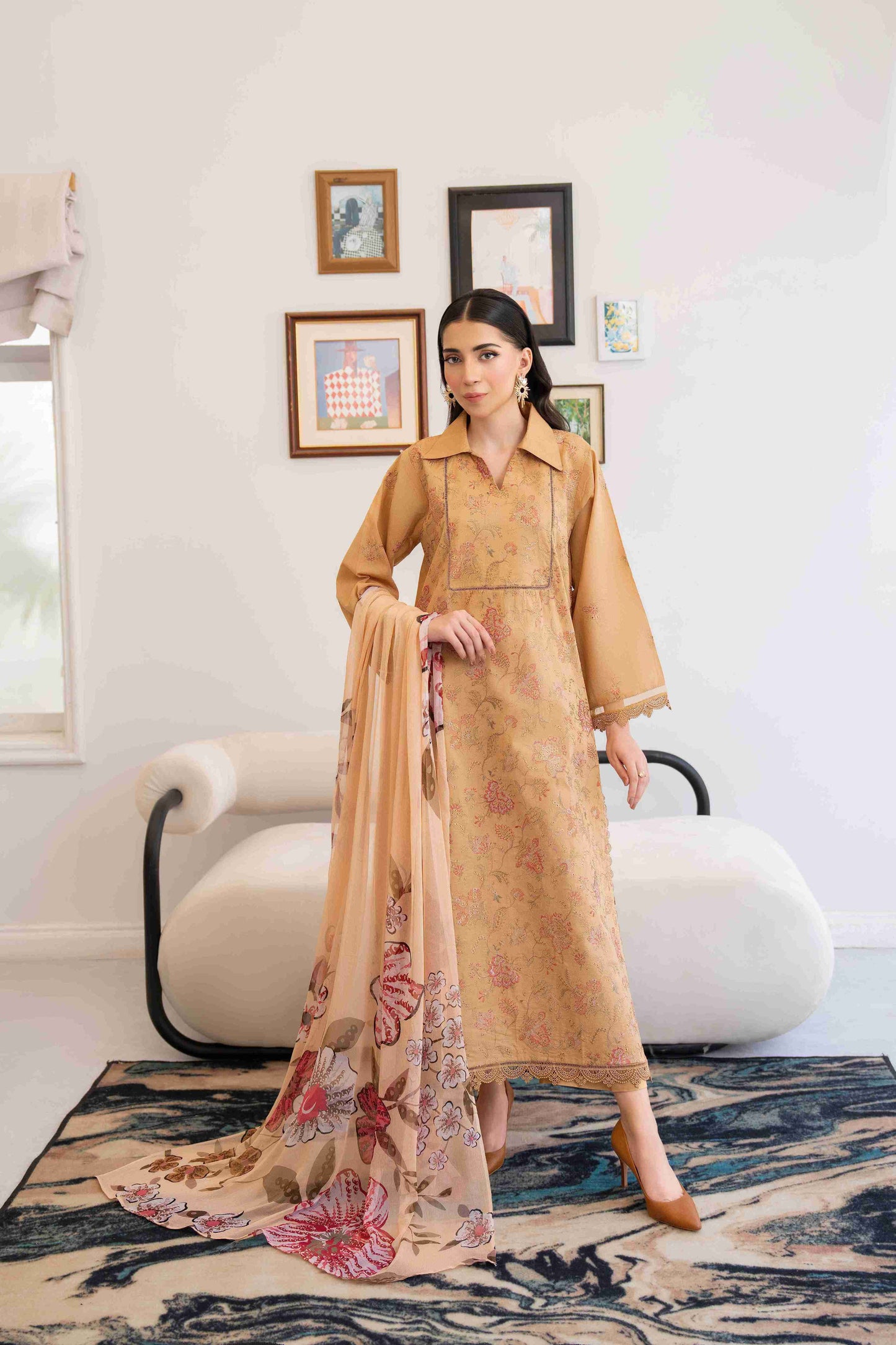 Premium embroidered lawn suit unstitched three piece with chiffon dupatta and cotton trouser fabric
