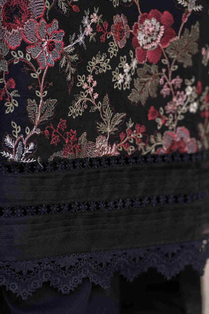 Premium embroidered lawn shirt paired with cotton trouser and printed chiffon dupatta for stylish eastern wear