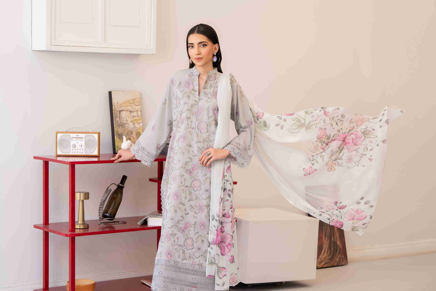 Unstitched embroidered lawn suit with chiffon dupatta and plain cotton trouser fabric