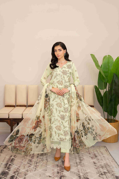  Premium embroidered lawn suit featuring chiffon dupatta and cotton trouser for women