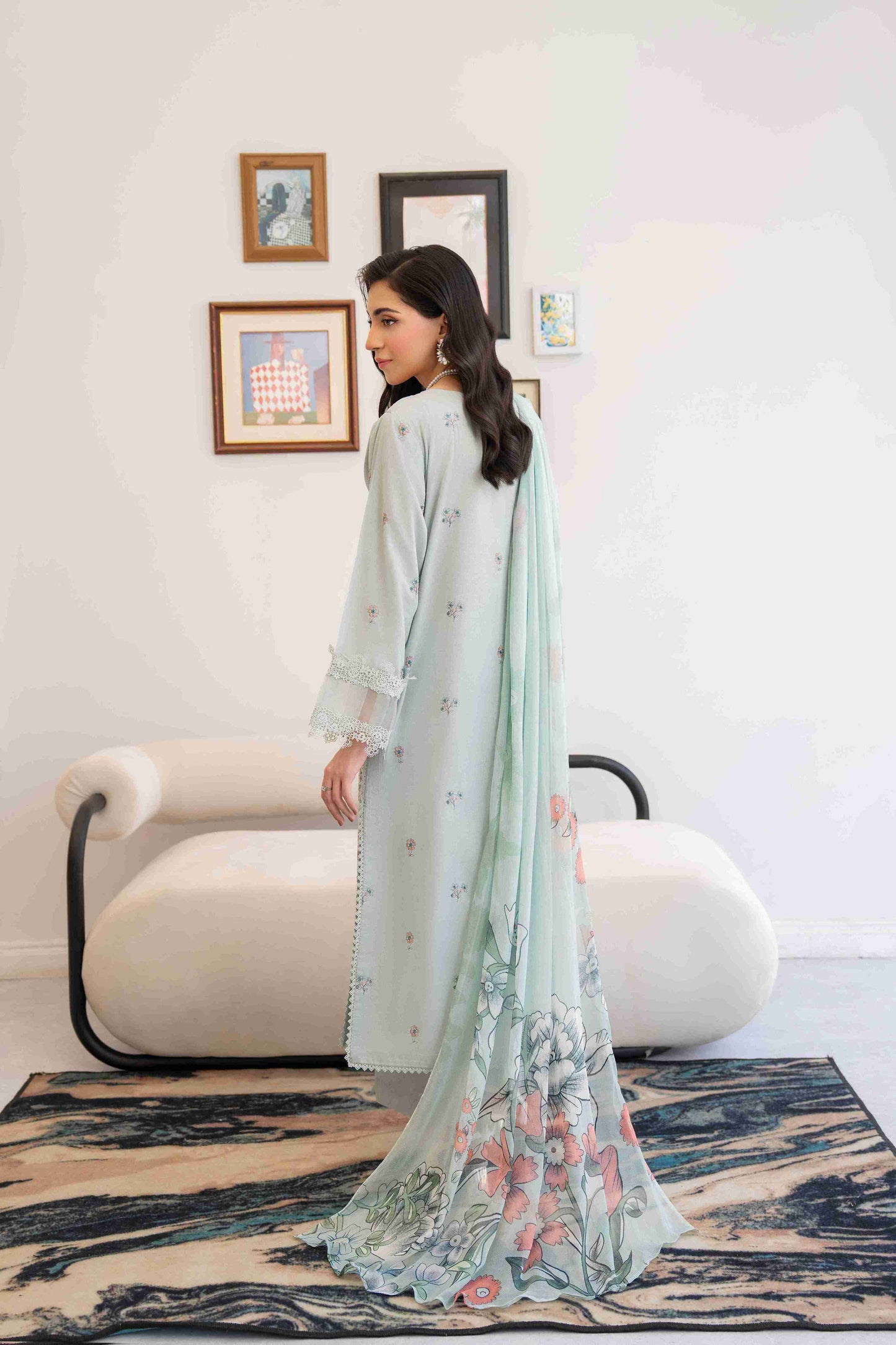 Trendy embroidered lawn suit for eastern women featuring chiffon dupatta and soft cotton trouser