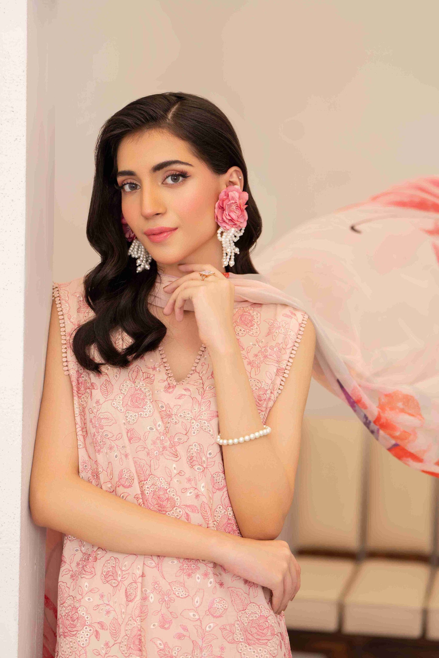 Premium embroidered lawn shirt with chiffon dupatta and plain cotton trouser fabric