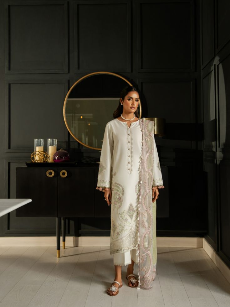 Designer white stitched suit with embroidered shirt and cotton dupatta
