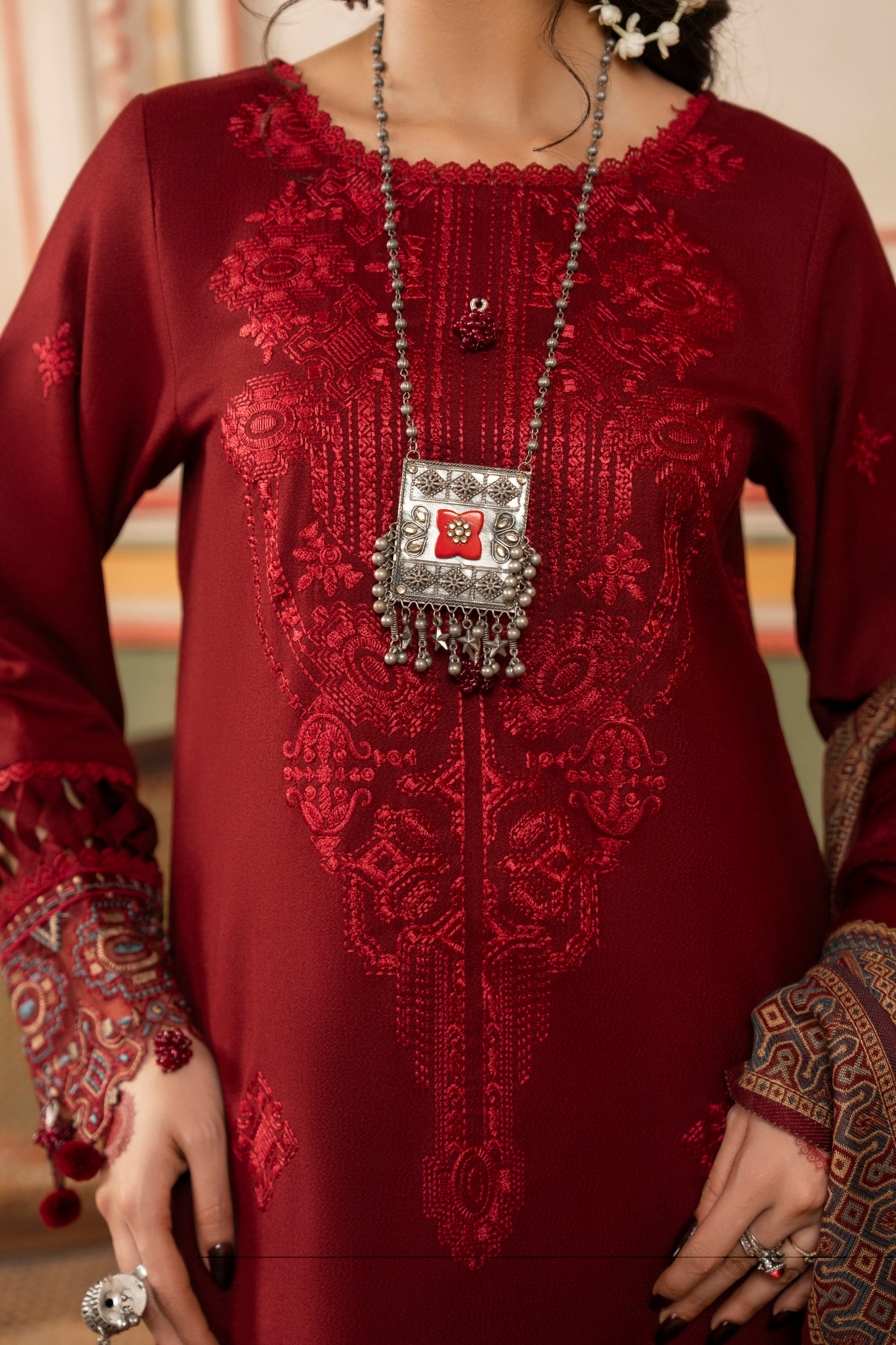 Classic embroidered Dhanak shirt paired with jacquard wool shawl and plain trouser for sophisticated winter dressing.