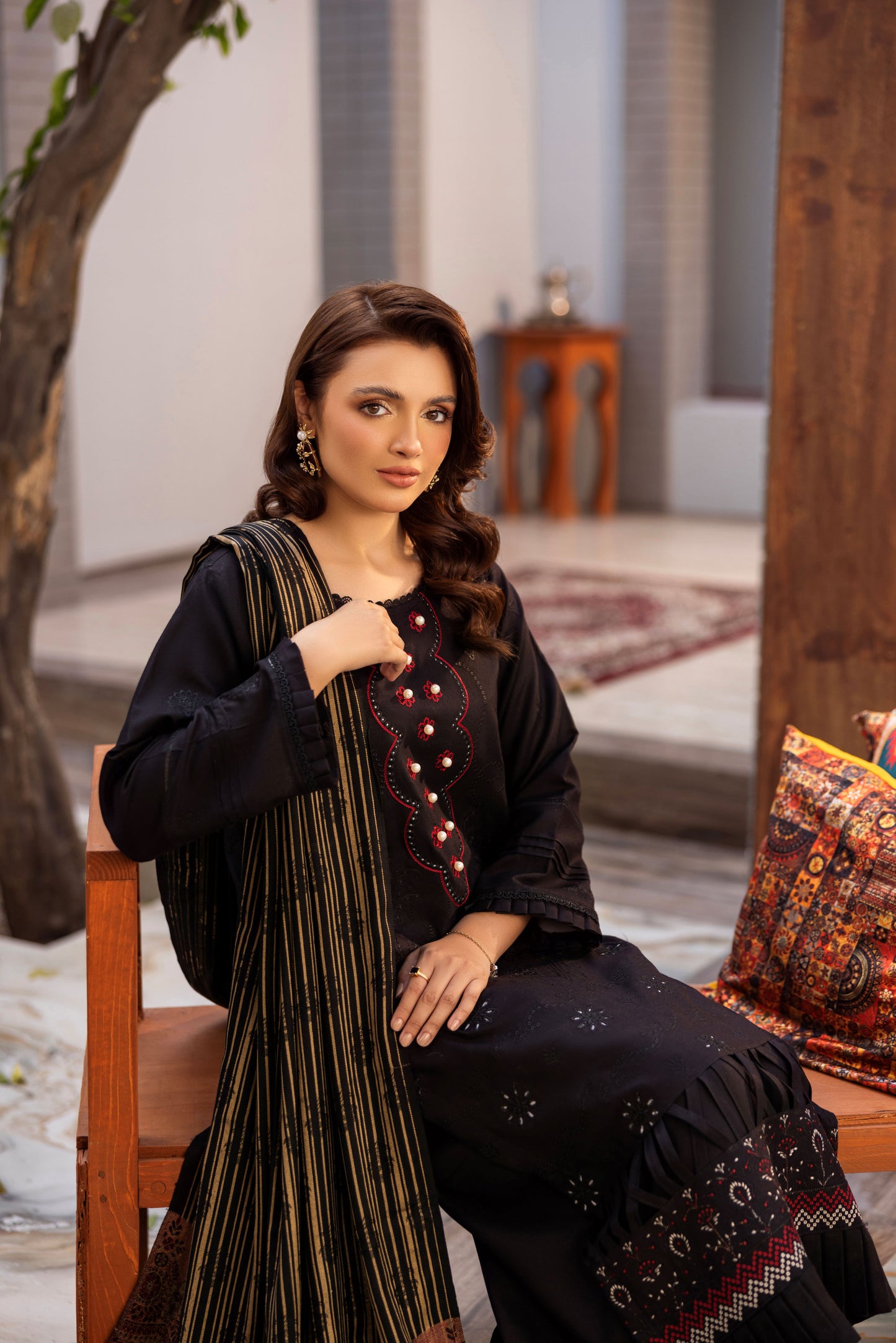 Warm embroidered Dhanak outfit with patterned shawl